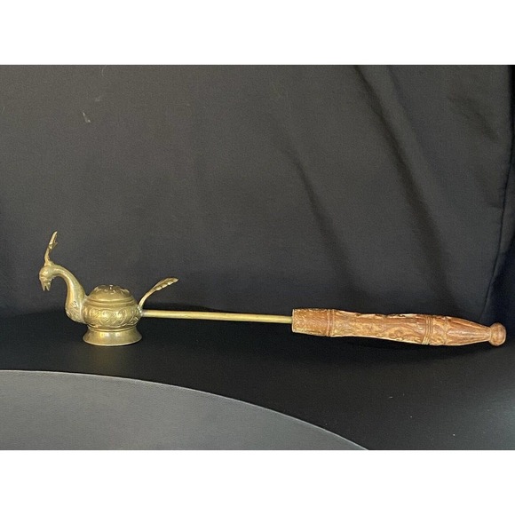 Wooden Accents Vintage Brass Peacock Candle Snuffer With Wooden